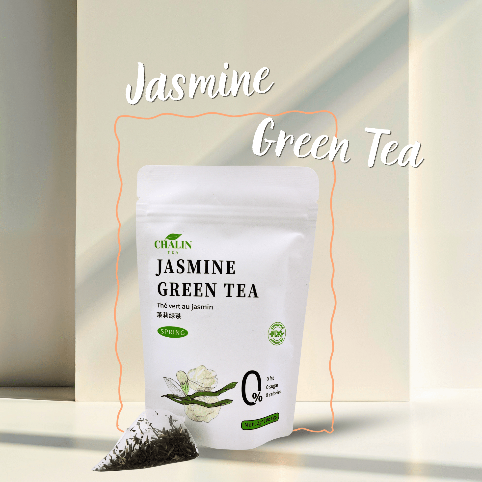 Lemon Jasmine Green Tea bags with jasmine blossoms and lemon slices