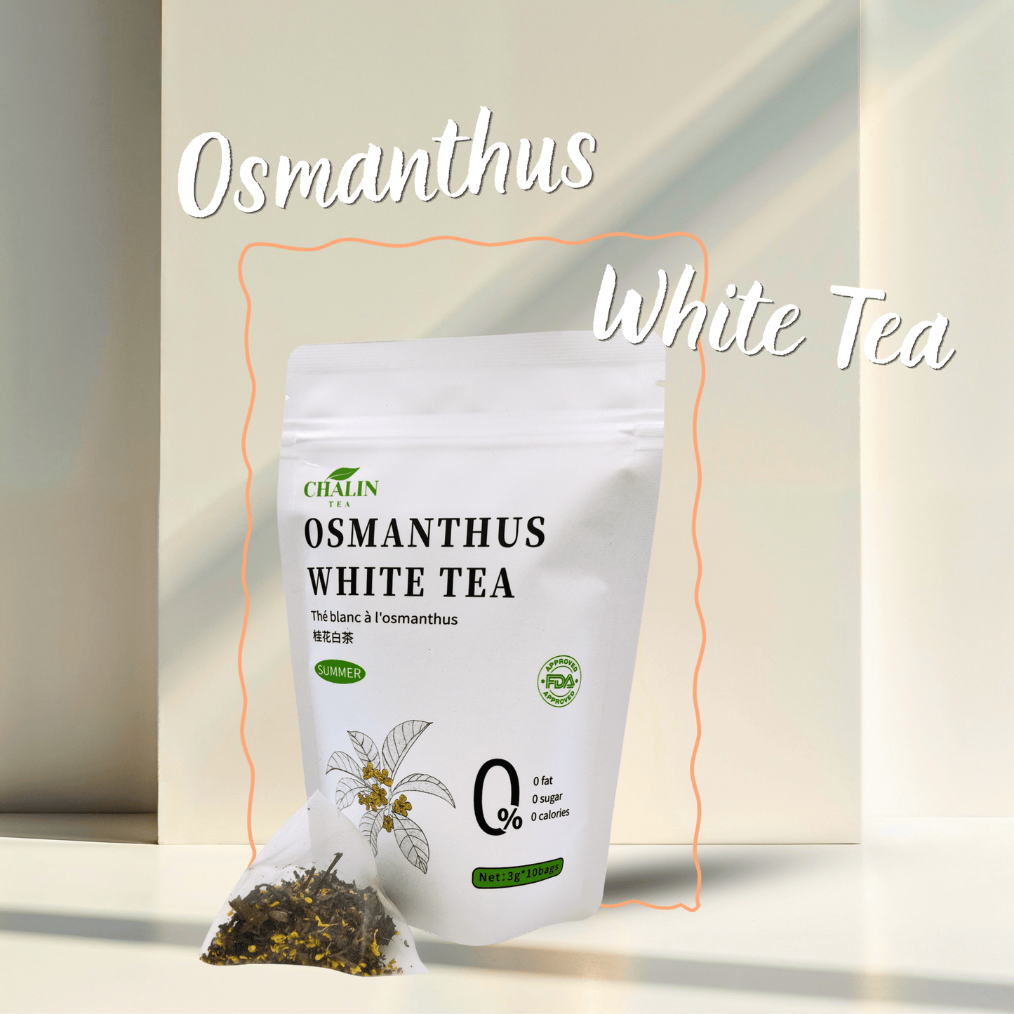 Osmanthus White Tea bags with golden osmanthus blossoms
