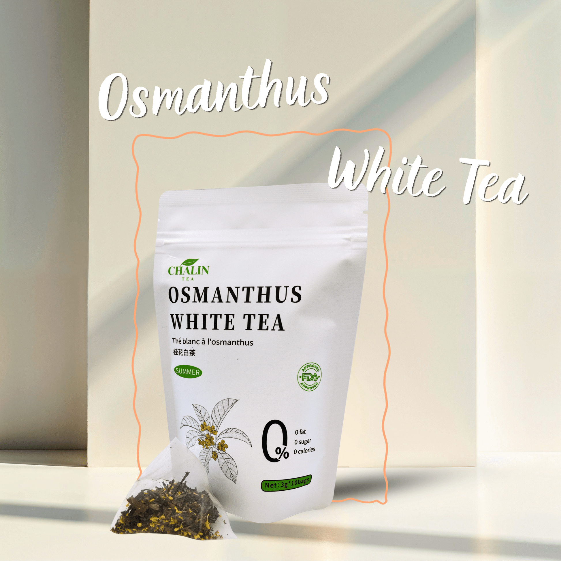 Osmanthus White Tea bags with golden osmanthus blossoms