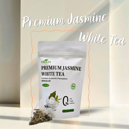 Premium Jasmine White Tea bags with fresh jasmine blossoms