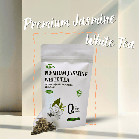 Premium Jasmine White Tea bags with fresh jasmine blossoms