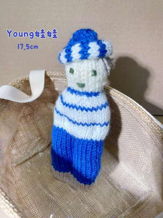 Hand-Knitted Plush Doll (17.5cm | Blue Striped)