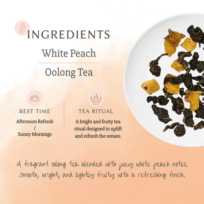 White Peach Oolong Tea bags with fresh peach and floral notes info